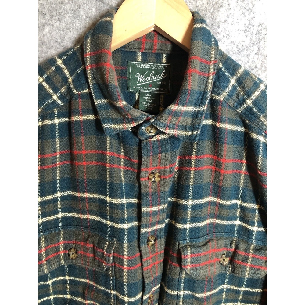 Woolrich Shirt Mens Medium Blue Plaid Heavy Flannel Fish Camp Hike Outdoors